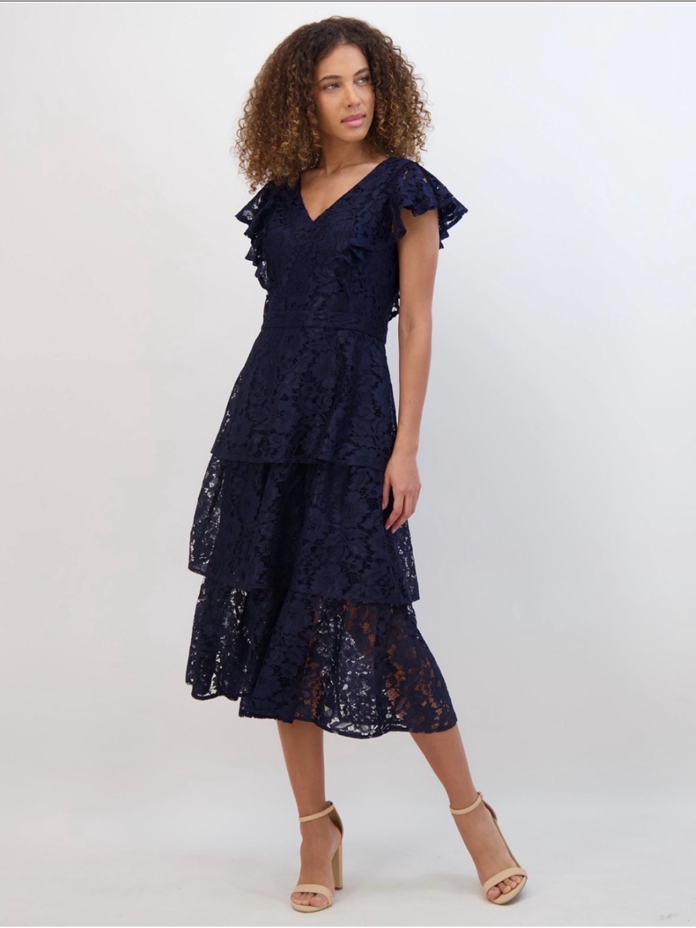 Navy Lace Tiered Midi Dress with Flutter Sleeves